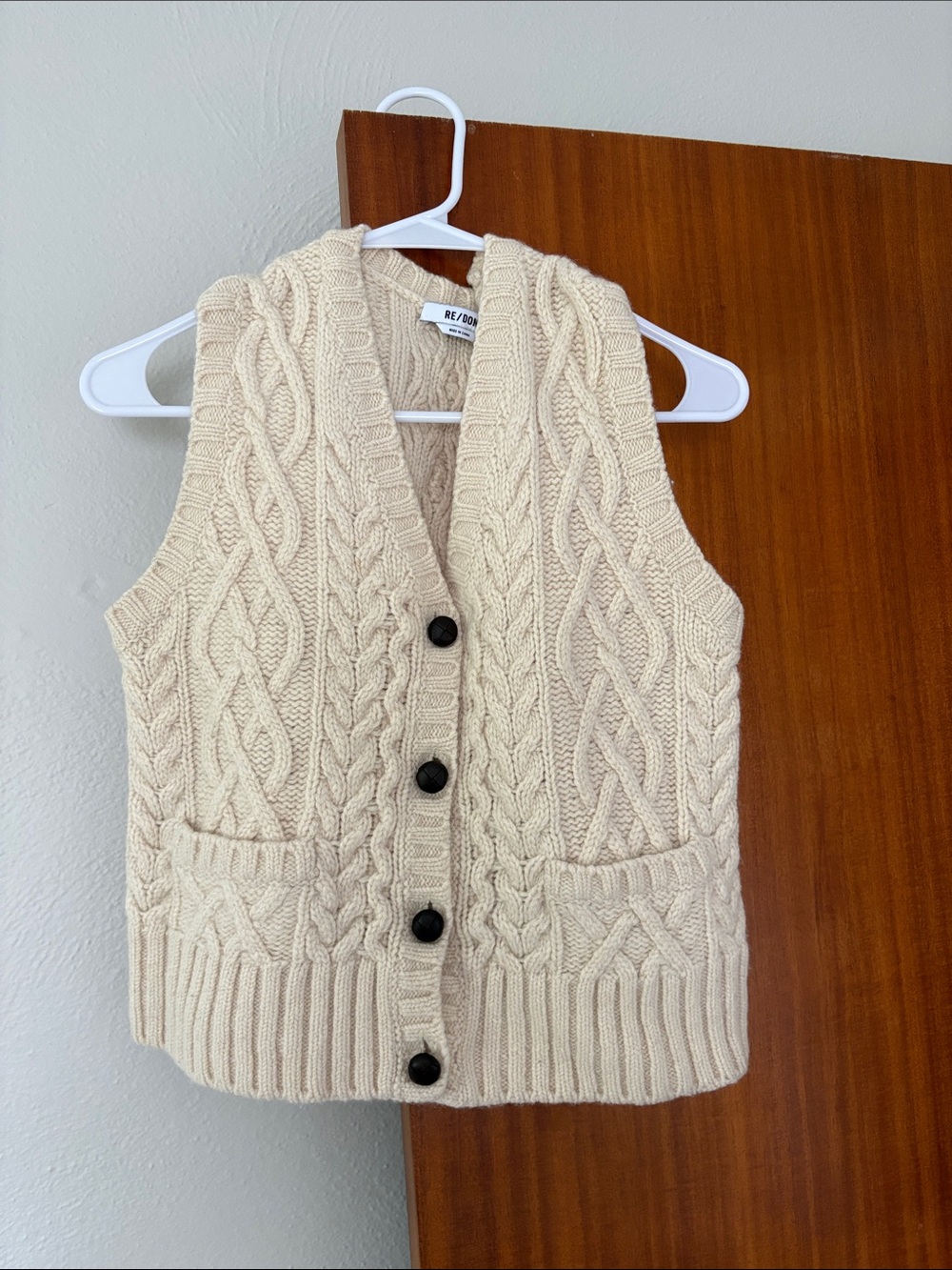 Re/Done Cream Cable Knit Button-Front Vest